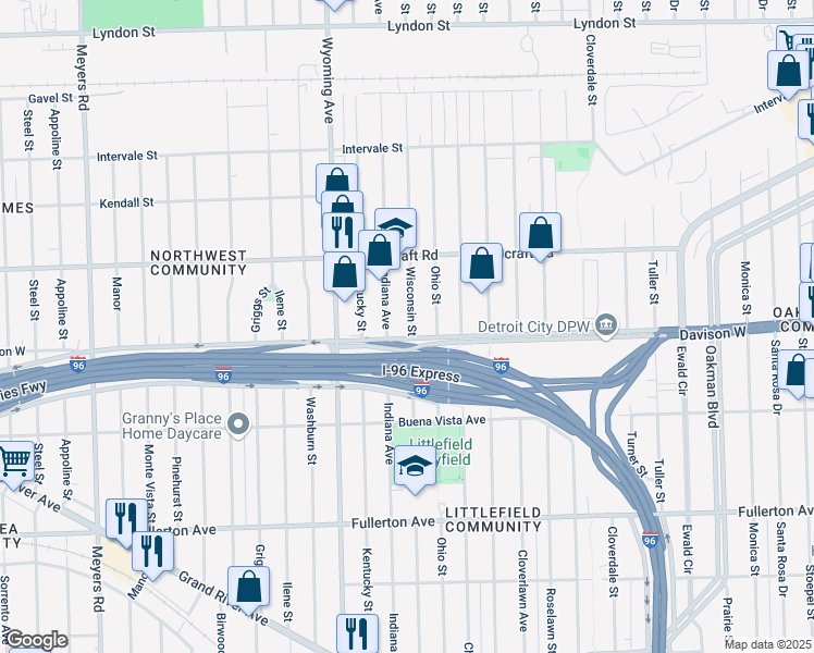 map of restaurants, bars, coffee shops, grocery stores, and more near 13559 Ohio Street in Detroit