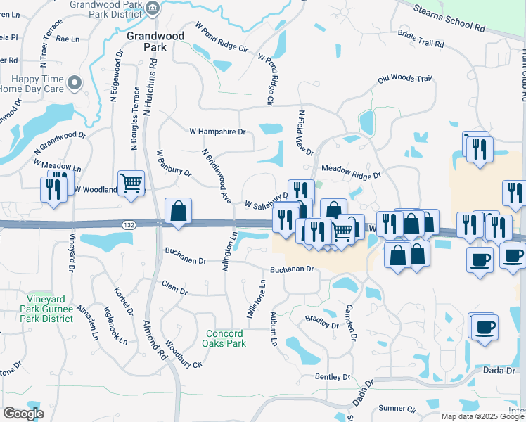 map of restaurants, bars, coffee shops, grocery stores, and more near 17826 West Salisbury Drive in Gurnee