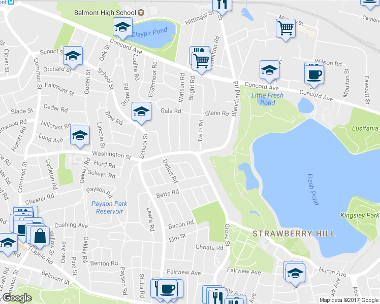 map of restaurants, bars, coffee shops, grocery stores, and more near Washington St & Bright Rd in Belmont