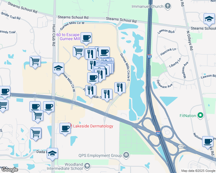map of restaurants, bars, coffee shops, grocery stores, and more near 6120 Grand Avenue in Gurnee