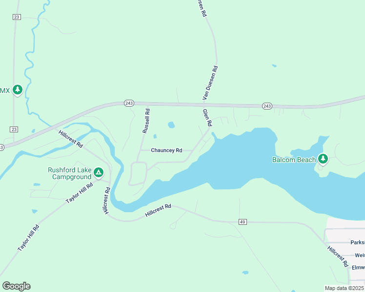 map of restaurants, bars, coffee shops, grocery stores, and more near 8510 Chauncey Road in Rushford