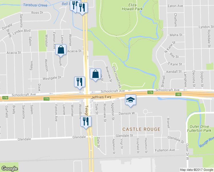 map of restaurants, bars, coffee shops, grocery stores, and more near 14124 Riverview St in Detroit