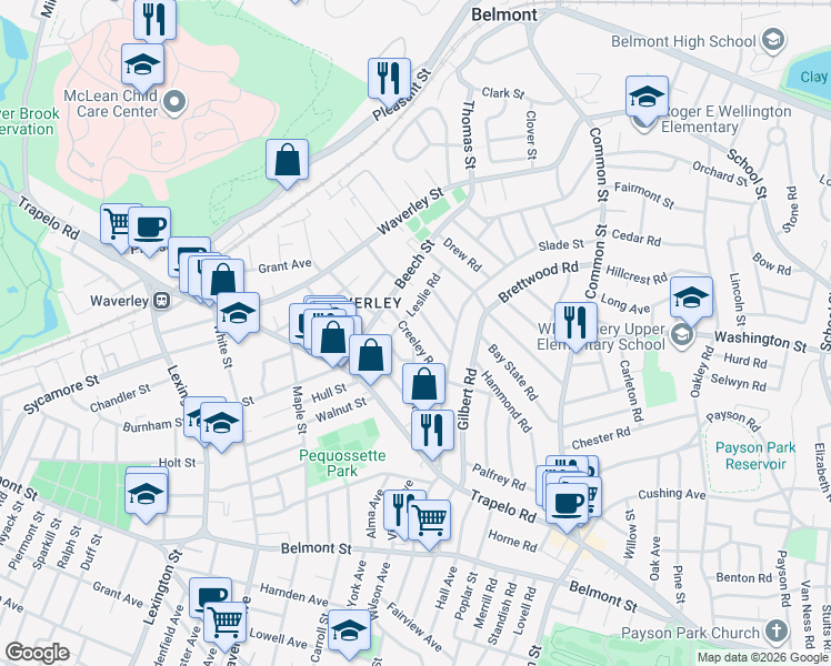 map of restaurants, bars, coffee shops, grocery stores, and more near 46-48 Wiley Road in Belmont