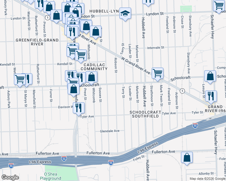 map of restaurants, bars, coffee shops, grocery stores, and more near 13417 Robson Street in Detroit