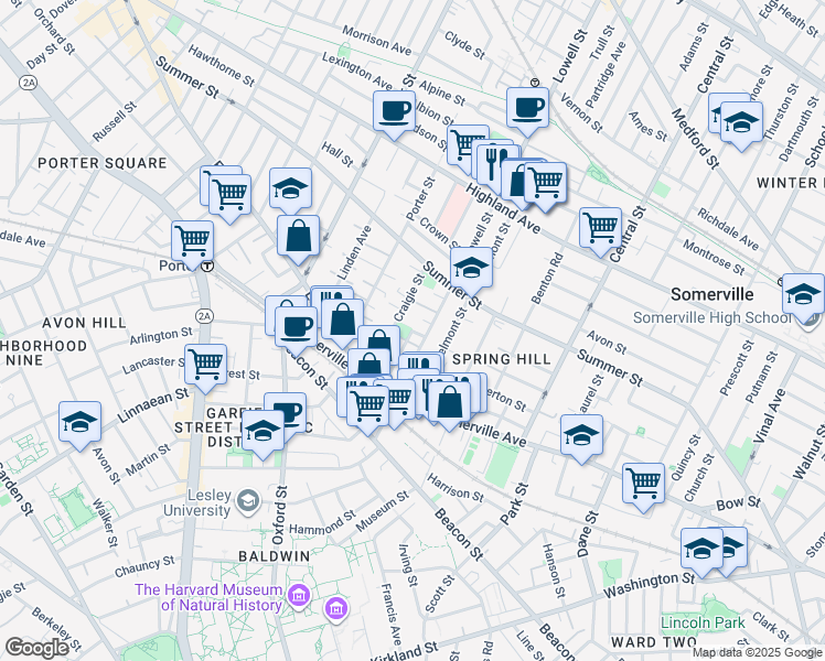map of restaurants, bars, coffee shops, grocery stores, and more near 74 Lowell Street in Somerville
