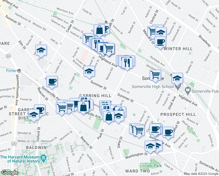map of restaurants, bars, coffee shops, grocery stores, and more near 159 Summer Street in Somerville