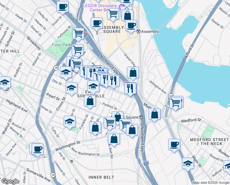 map of restaurants, bars, coffee shops, grocery stores, and more near 59 Broadway in Somerville