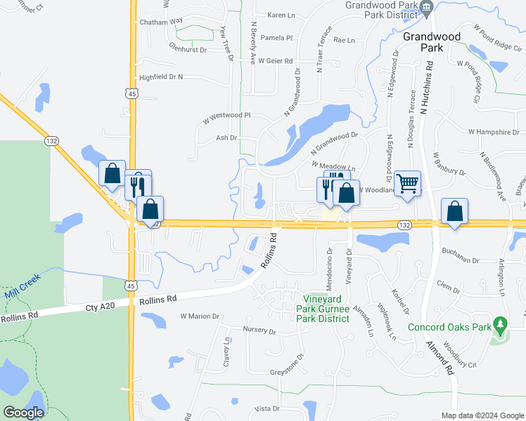 map of restaurants, bars, coffee shops, grocery stores, and more near 36027 North Grand Oaks Court in Gurnee