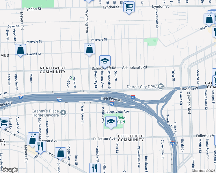 map of restaurants, bars, coffee shops, grocery stores, and more near 13559 Ohio Street in Detroit