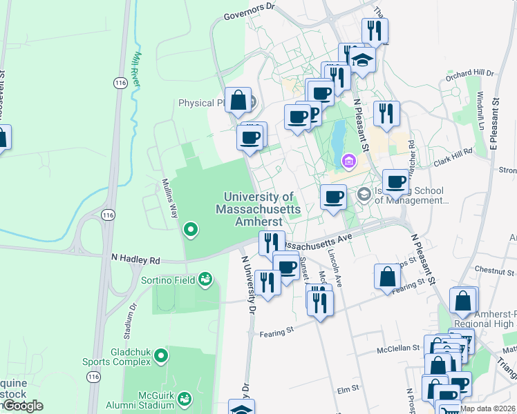 map of restaurants, bars, coffee shops, grocery stores, and more near 300 Massachusetts Avenue in Amherst