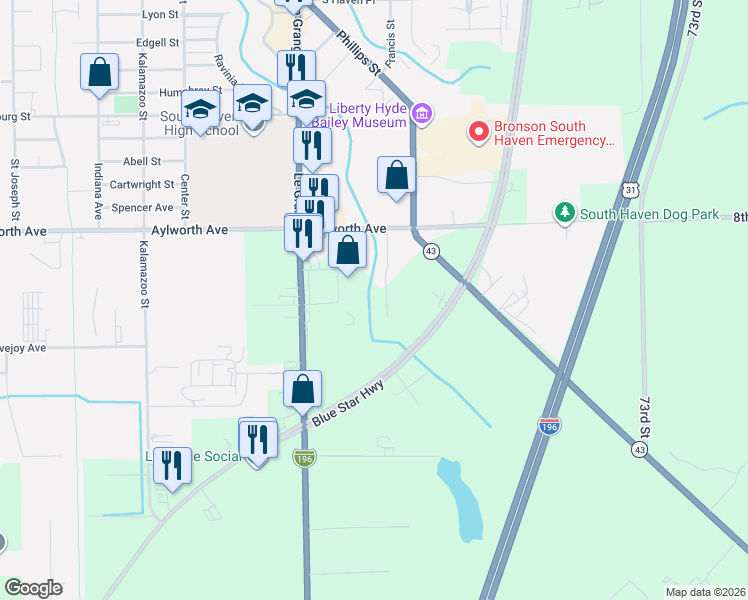 map of restaurants, bars, coffee shops, grocery stores, and more near 8337 Michigan 140 in South Haven