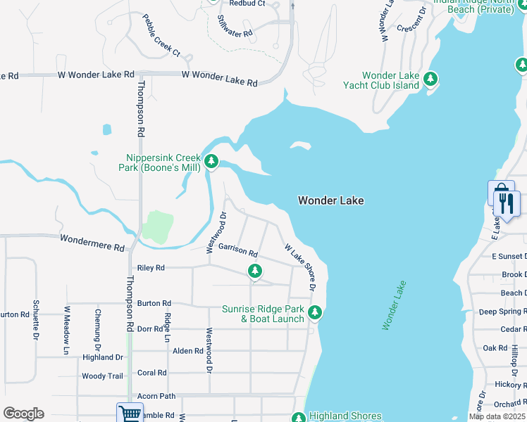 map of restaurants, bars, coffee shops, grocery stores, and more near 4124 Lake Shore Drive in Wonder Lake