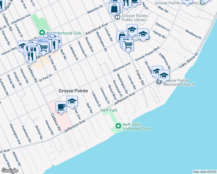 map of restaurants, bars, coffee shops, grocery stores, and more near 354 Rivard Boulevard in Grosse Pointe