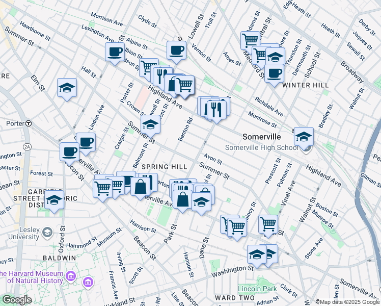 map of restaurants, bars, coffee shops, grocery stores, and more near 155 Summer Street in Somerville