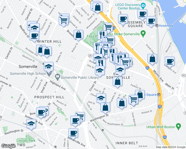 map of restaurants, bars, coffee shops, grocery stores, and more near 14 Everett Avenue in Somerville