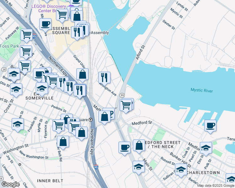 map of restaurants, bars, coffee shops, grocery stores, and more near 62 Alford Street in Boston