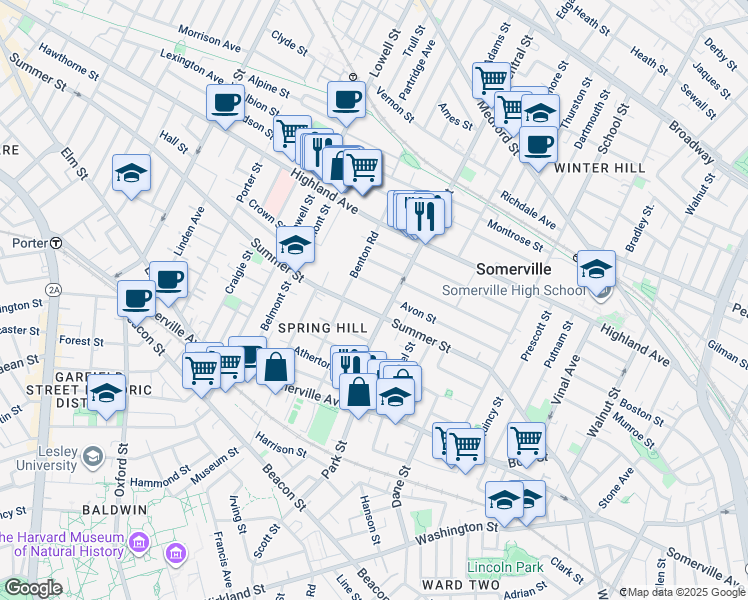 map of restaurants, bars, coffee shops, grocery stores, and more near 14 Westwood Road in Somerville