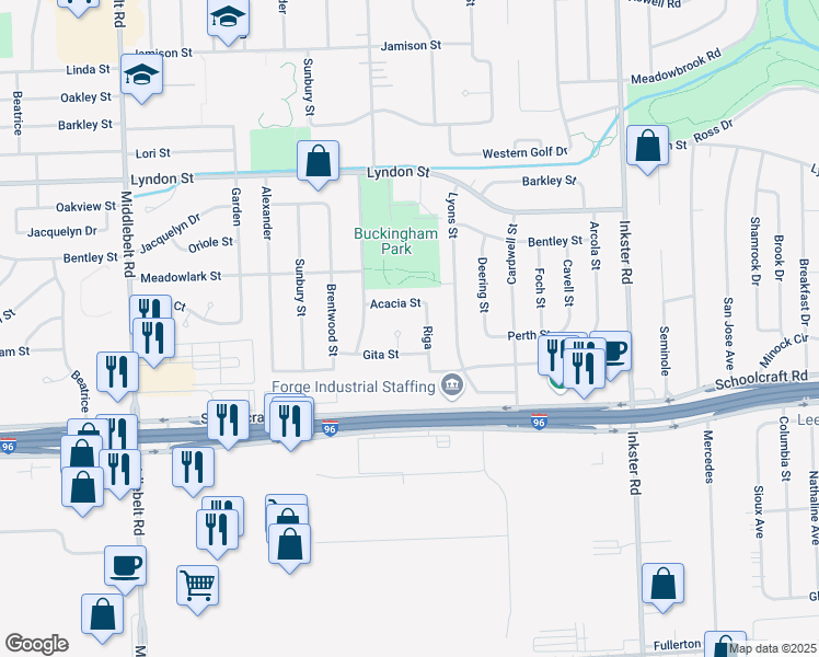 map of restaurants, bars, coffee shops, grocery stores, and more near 28305 Acacia Avenue in Livonia