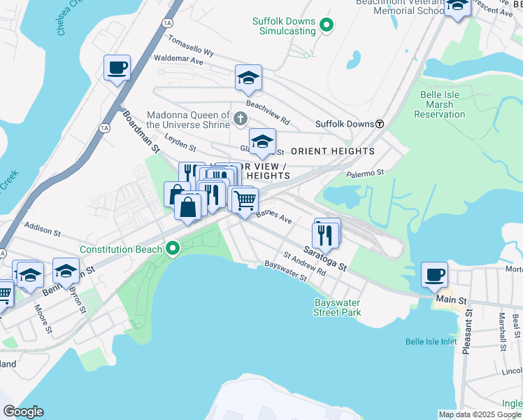 map of restaurants, bars, coffee shops, grocery stores, and more near 44 Barnes Avenue in Boston