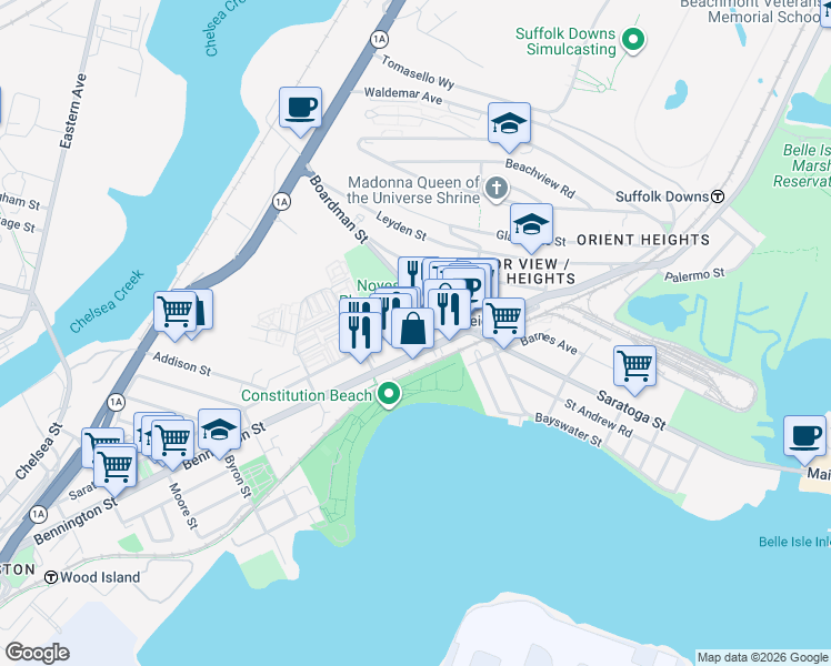 map of restaurants, bars, coffee shops, grocery stores, and more near 962 Saratoga Street in Boston