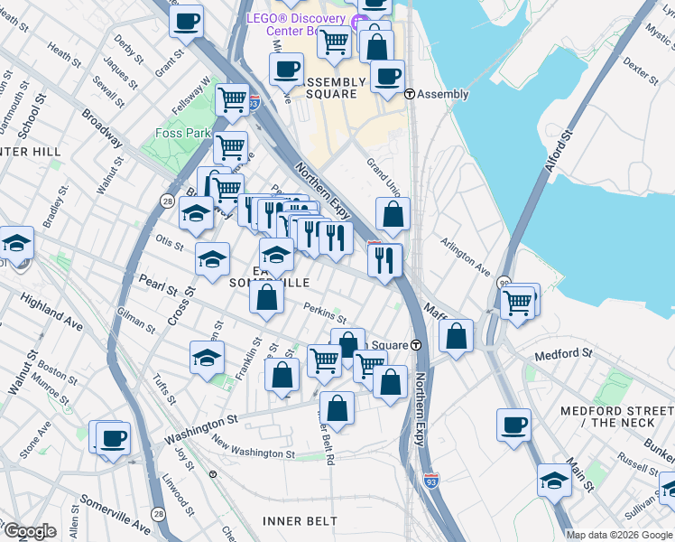 map of restaurants, bars, coffee shops, grocery stores, and more near 59 Broadway in Somerville