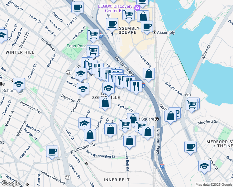 map of restaurants, bars, coffee shops, grocery stores, and more near 78 Broadway in Somerville