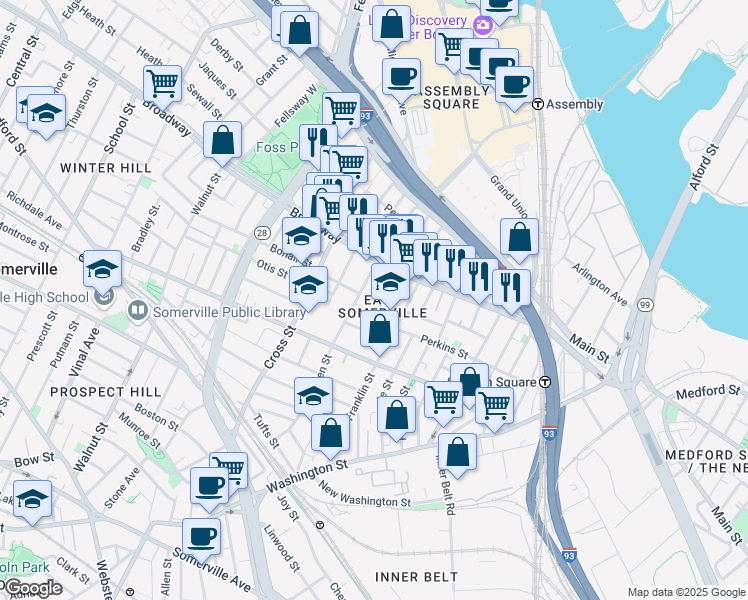 map of restaurants, bars, coffee shops, grocery stores, and more near 27 Glen Street in Somerville