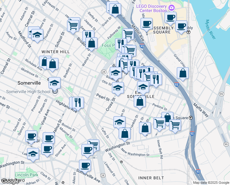 map of restaurants, bars, coffee shops, grocery stores, and more near 13 Everett Avenue in Somerville