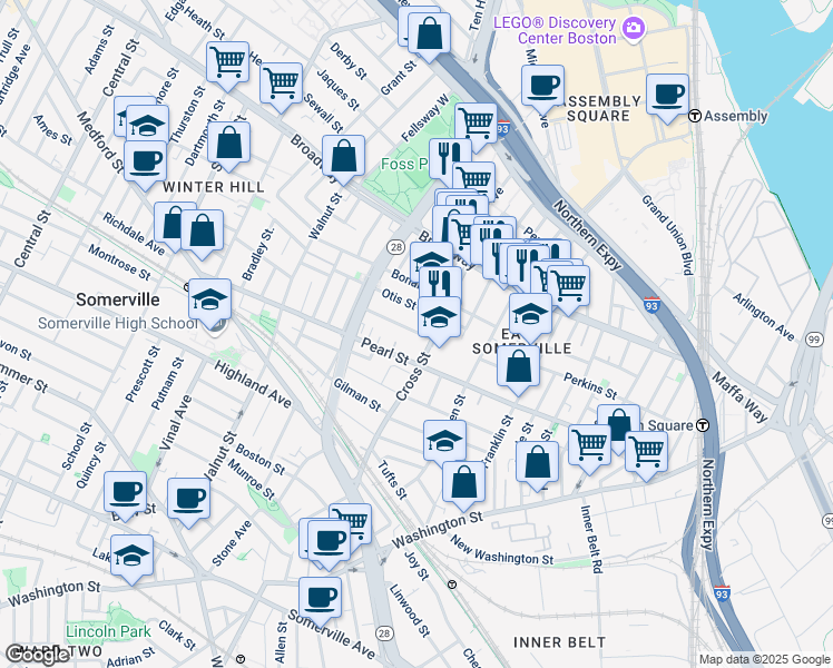 map of restaurants, bars, coffee shops, grocery stores, and more near 13 Everett Avenue in Somerville
