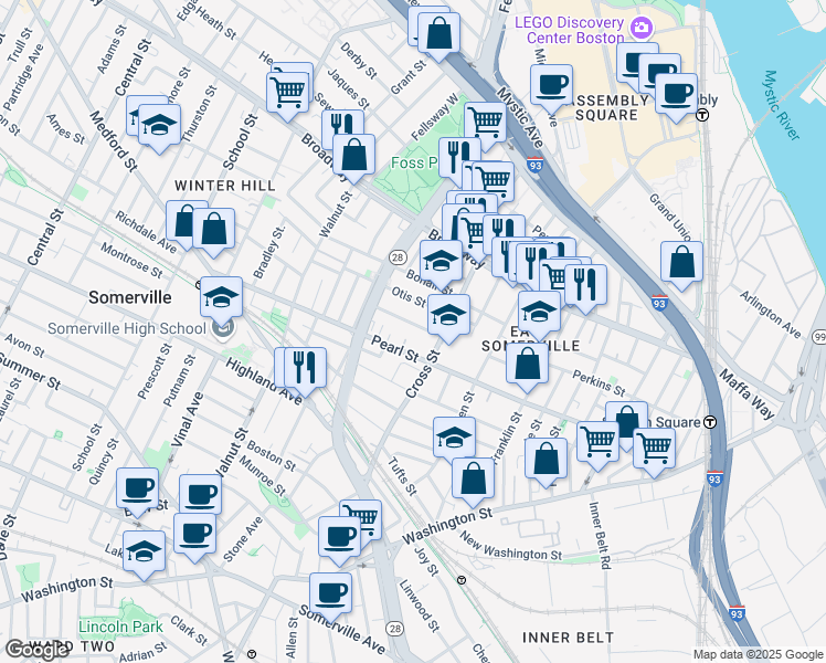 map of restaurants, bars, coffee shops, grocery stores, and more near 13 Everett Avenue in Somerville