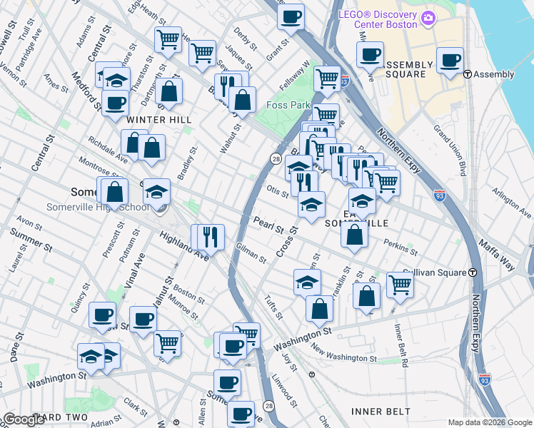 map of restaurants, bars, coffee shops, grocery stores, and more near 34 Everett Avenue in Somerville