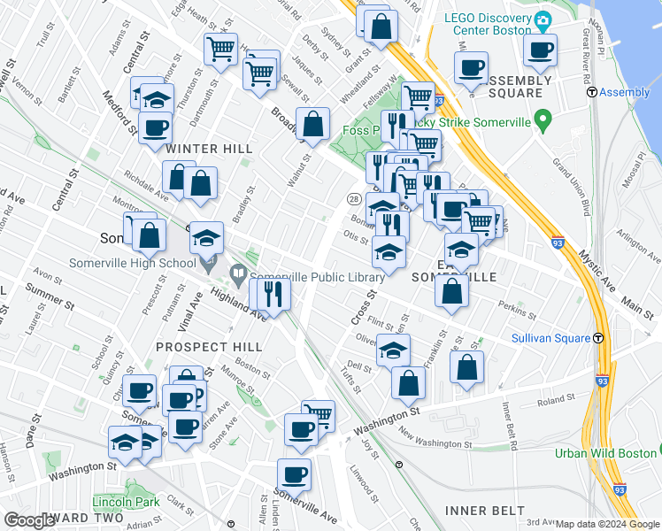 map of restaurants, bars, coffee shops, grocery stores, and more near 34 Everett Avenue in Somerville