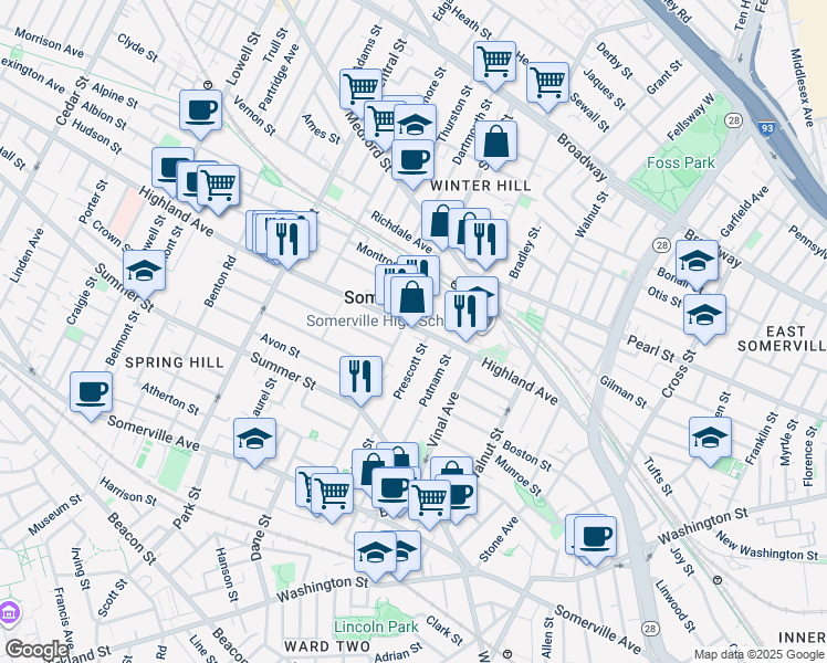 map of restaurants, bars, coffee shops, grocery stores, and more near 93 Highland Avenue in Somerville