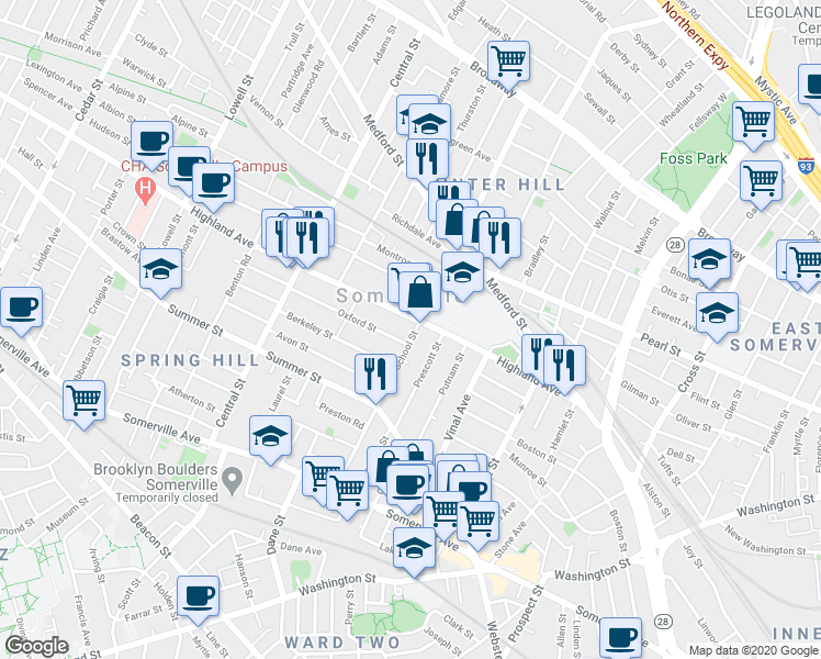 map of restaurants, bars, coffee shops, grocery stores, and more near 93 Highland Avenue in Somerville