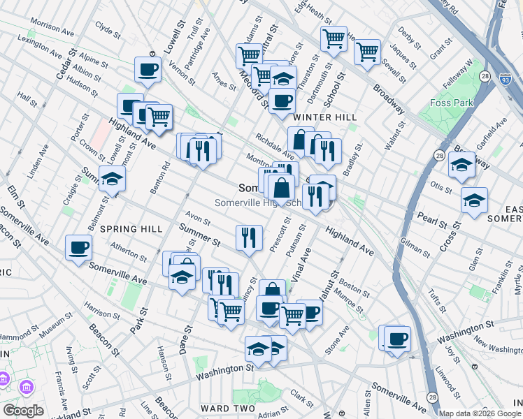 map of restaurants, bars, coffee shops, grocery stores, and more near in Somerville
