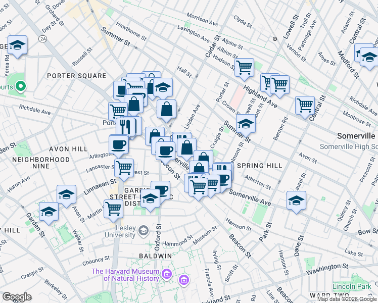 map of restaurants, bars, coffee shops, grocery stores, and more near 16 Porter Street in Somerville