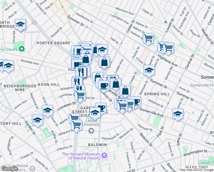 map of restaurants, bars, coffee shops, grocery stores, and more near 36 Elm Street in Somerville