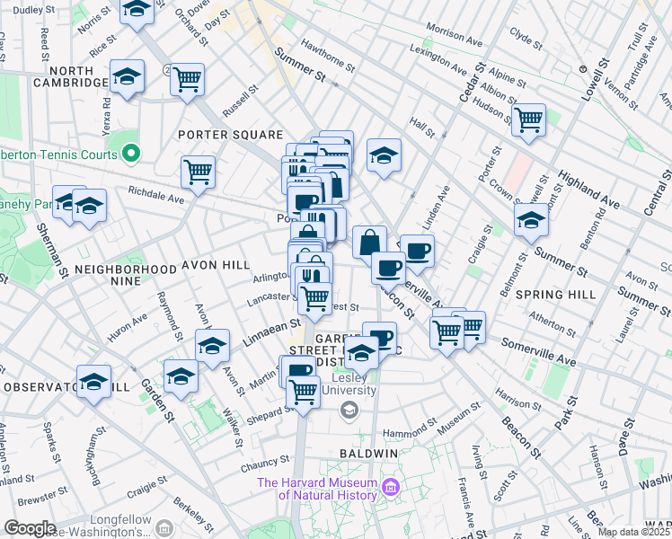 map of restaurants, bars, coffee shops, grocery stores, and more near 1815 Massachusetts Avenue in Cambridge