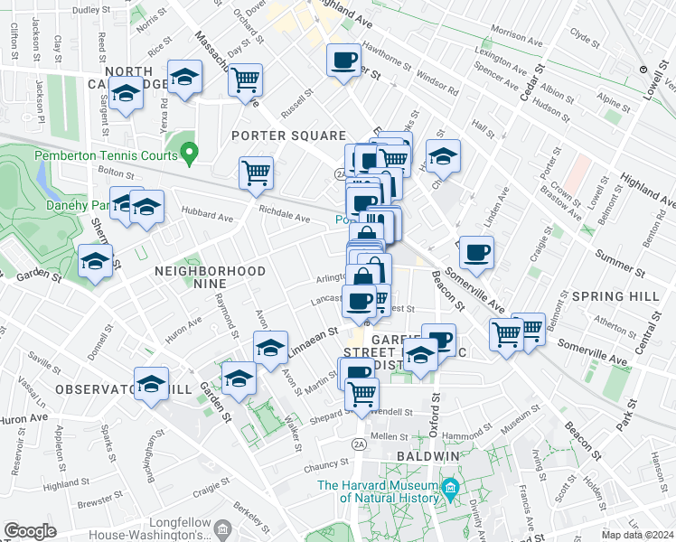 map of restaurants, bars, coffee shops, grocery stores, and more near 42 Mount Vernon Street in Cambridge