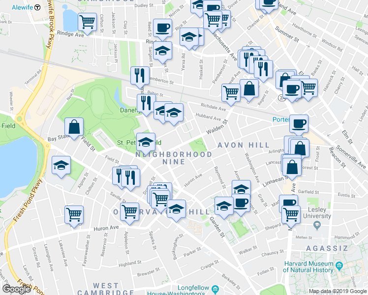 map of restaurants, bars, coffee shops, grocery stores, and more near 2 Lincoln Way in Cambridge