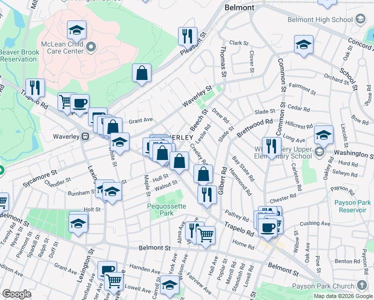 map of restaurants, bars, coffee shops, grocery stores, and more near in Belmont