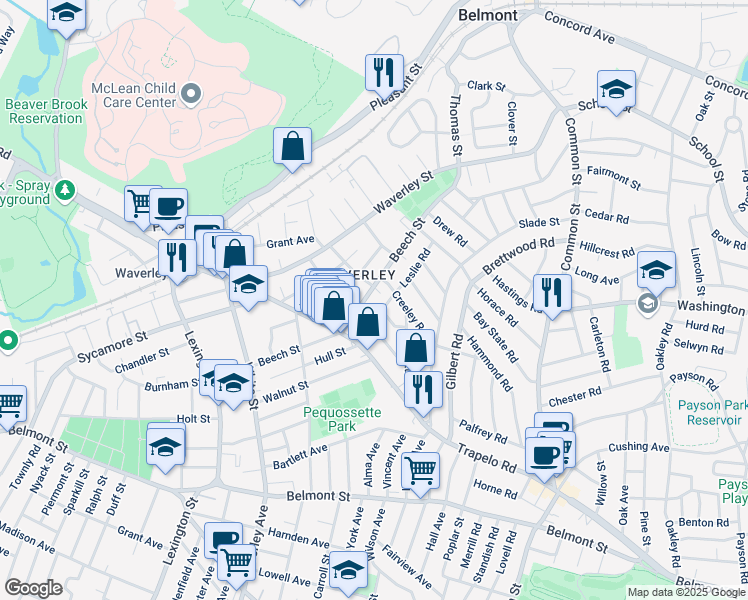 map of restaurants, bars, coffee shops, grocery stores, and more near in Belmont