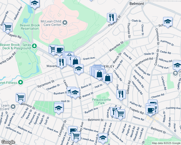 map of restaurants, bars, coffee shops, grocery stores, and more near 24 Hawthorne Street in Belmont