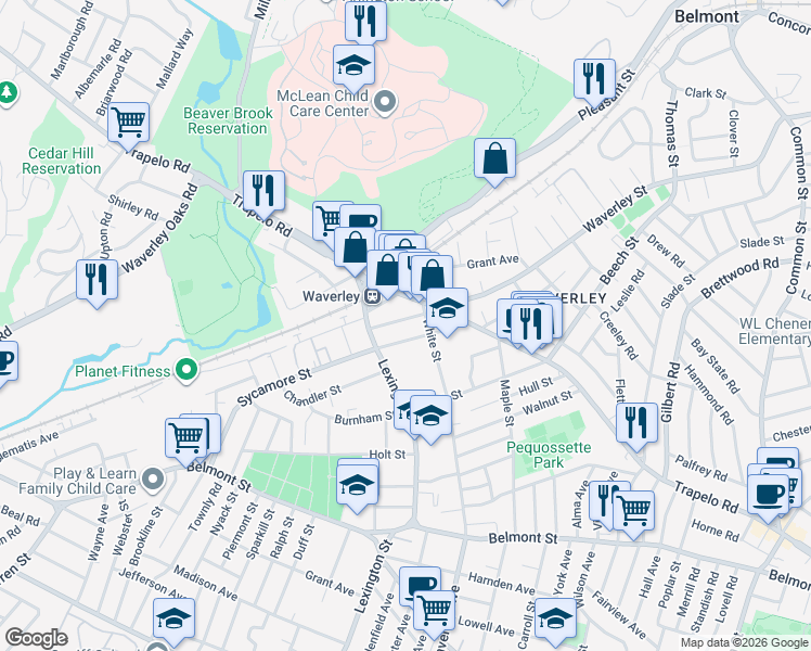 map of restaurants, bars, coffee shops, grocery stores, and more near 14 Thayer Street in Belmont