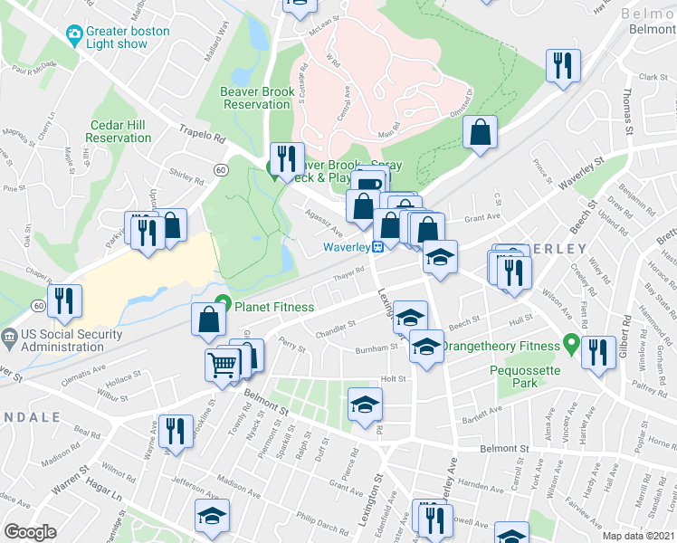 map of restaurants, bars, coffee shops, grocery stores, and more near 40 Moraine Street in Belmont