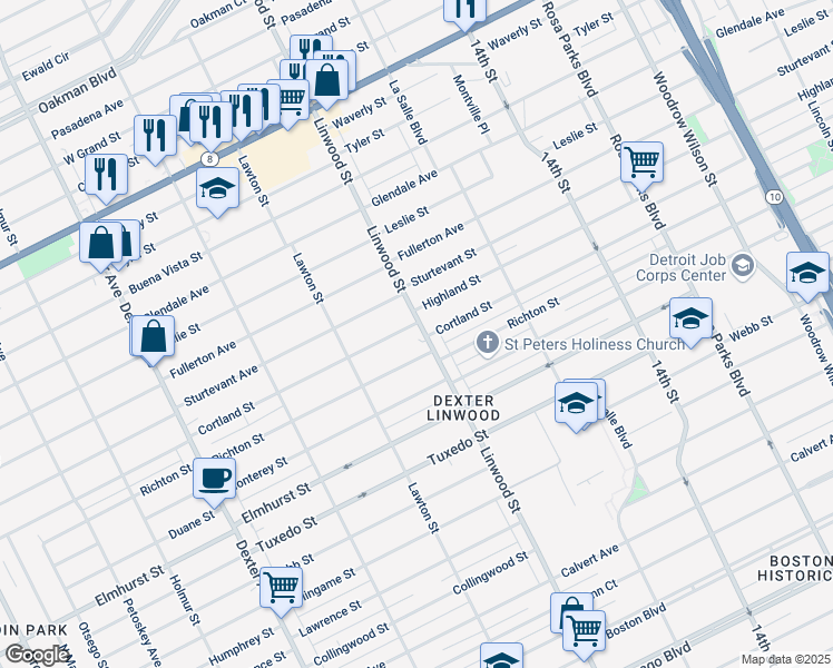 map of restaurants, bars, coffee shops, grocery stores, and more near 12335 Linwood Street in Detroit