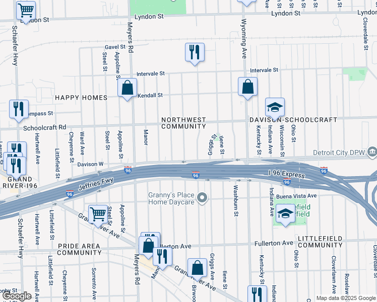 map of restaurants, bars, coffee shops, grocery stores, and more near 13565 Mendota Avenue in Detroit