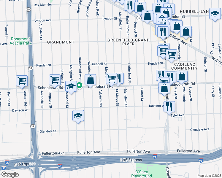 map of restaurants, bars, coffee shops, grocery stores, and more near 13900 Mettetal Street in Detroit