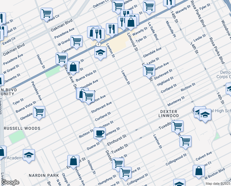 map of restaurants, bars, coffee shops, grocery stores, and more near 3019 Fullerton Avenue in Detroit