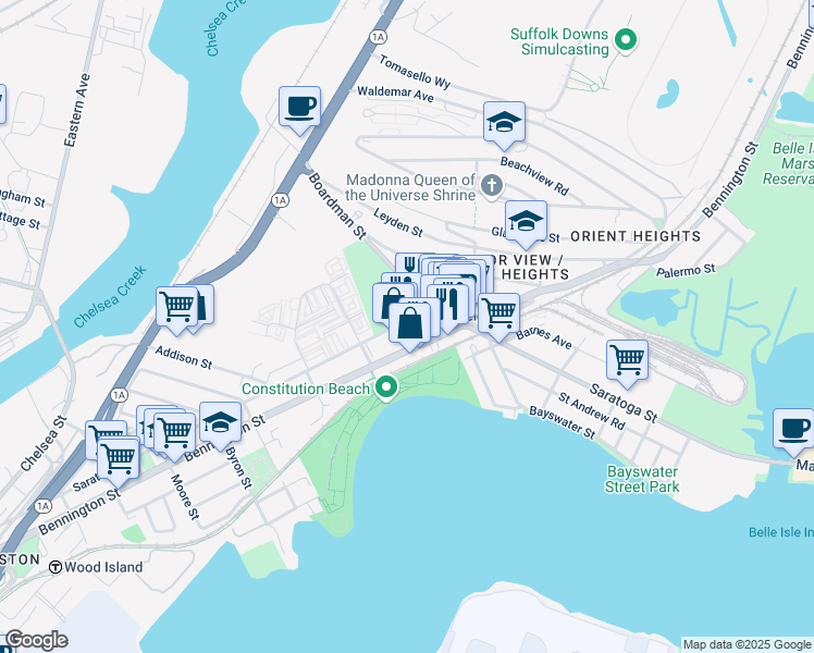 map of restaurants, bars, coffee shops, grocery stores, and more near 951 Saratoga Street in Boston